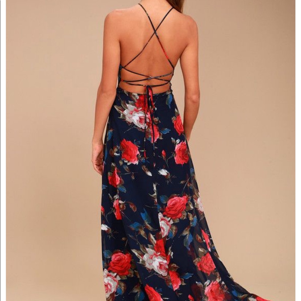Debut Navy Blue Floral Print Lace-Up Maxi Dress